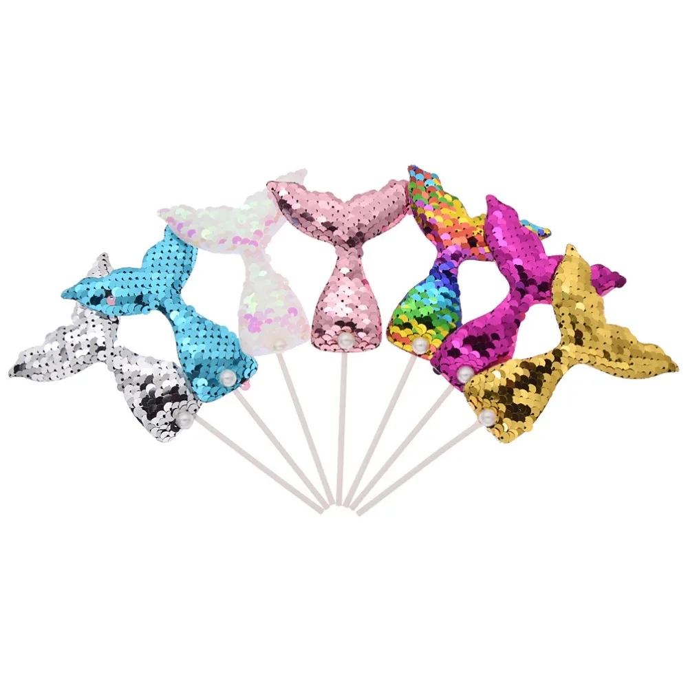 Lychee Life 7pcs/Lot Sequins Mermaid Cake Toppers Baby Birthday Wedding Party Cupcake Insert Card Decoration | Дом и сад
