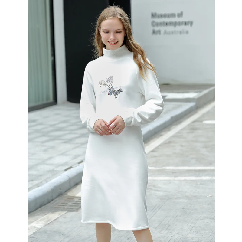 

Amii Preppy Style Turtleneck Sweatshirt Dress Autumn Women 2018 Casual Floral Embroidery Solid Cotton Female Winter Dresses