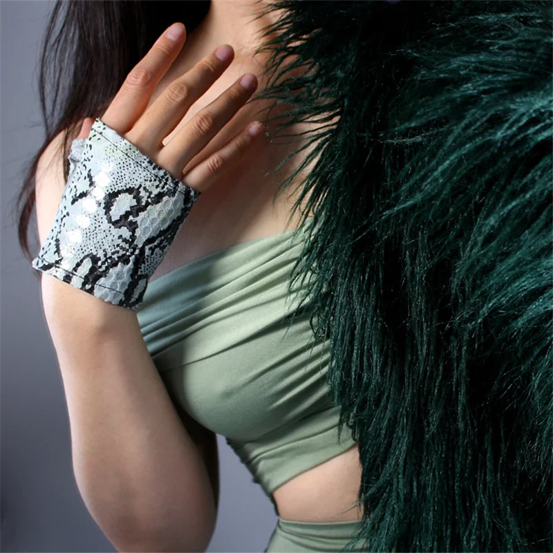 Модные женские кожаные перчатки без пальцев Черный змеиный принт с животными ультра-тонкий чистый овчина полупалец Ультра короткий 3-TB90