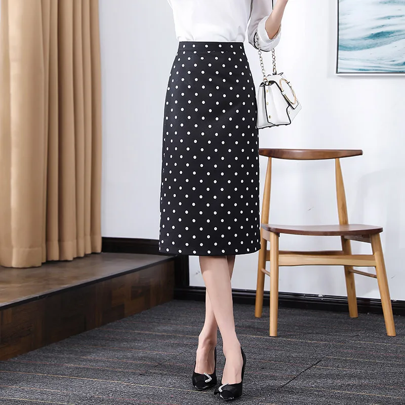 Весенне-летняя вязаная юбка в горошек, черная юбка-карандаш с высокой талией и оборками, S-3XL, повседневная, офисная, женская, тонкая, миди юбка с запахом - Цвет: Wave point skirt