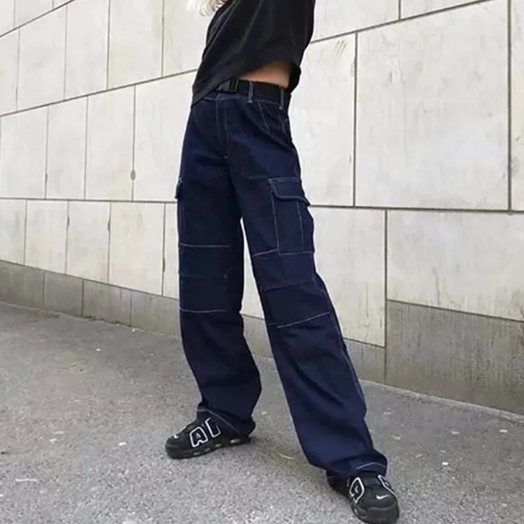 

Women Pants 2019 Wide Leg Pants Long Casual Cargo Pants Chain In Apparel For Women Streetwear Jeans Hunting Pantalon Femme XM515