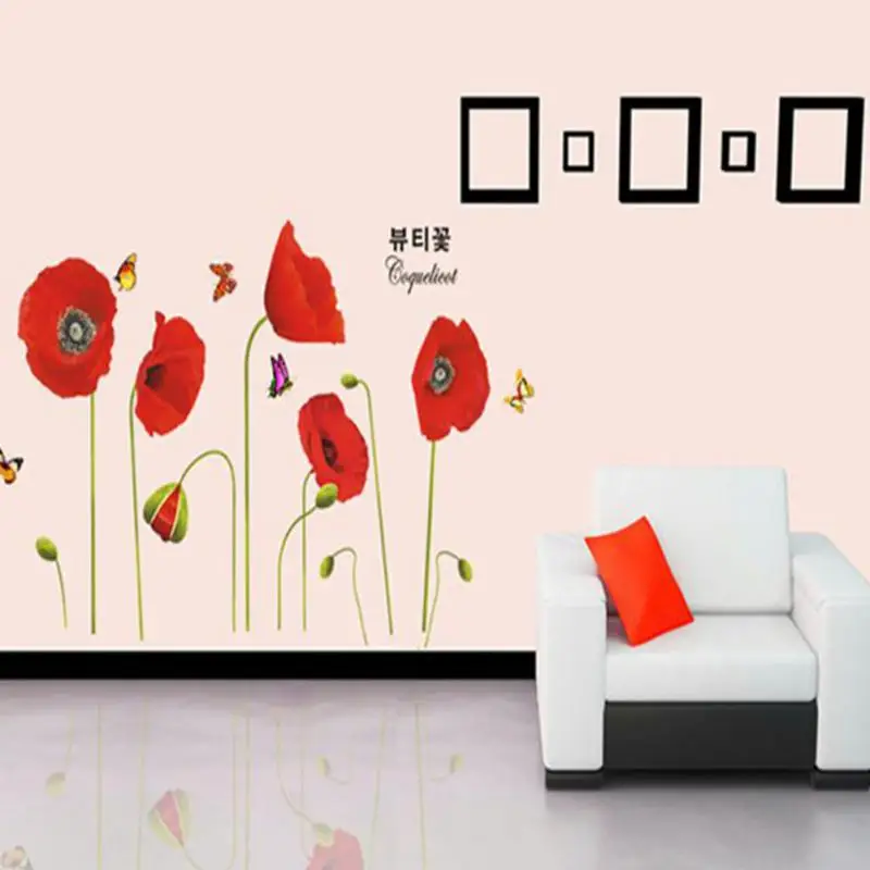 

New Red Poppy Flowers Butterflies Wall Stickers Arts Decal background waterproof Wallpaper Mural Home Livingroom DIY Decor