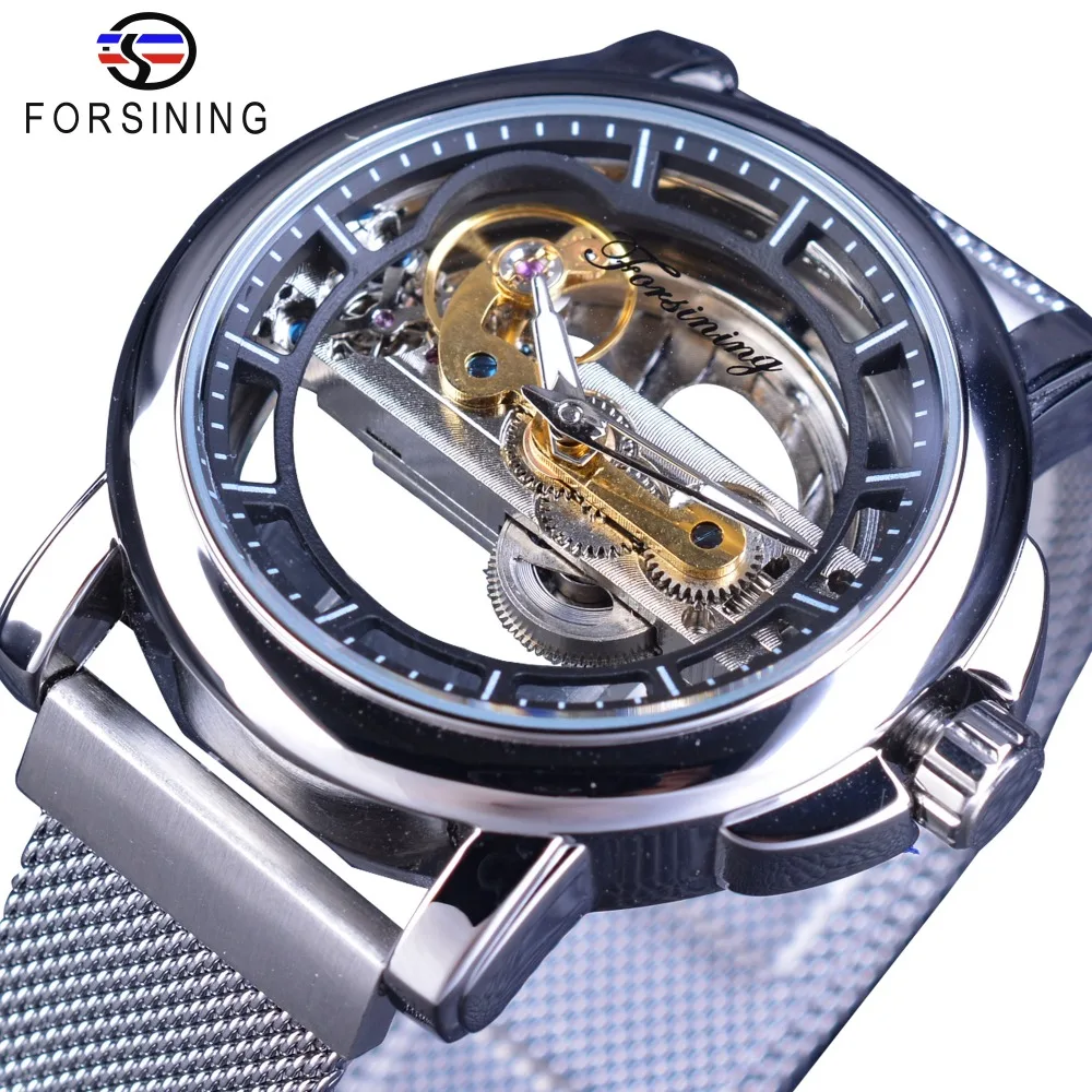 

Forsining Fashion Business Design Silver Mesh Band Double Side Transparent Men Watch Top Brand Luxury Automatic Skeleton Watches