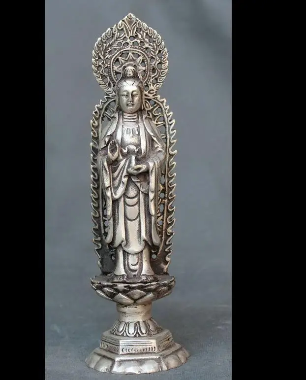 

671115997++8" Chinese Blessing Silver Stand Guan Yin Kwan-yin Goddess & Backlight Statue