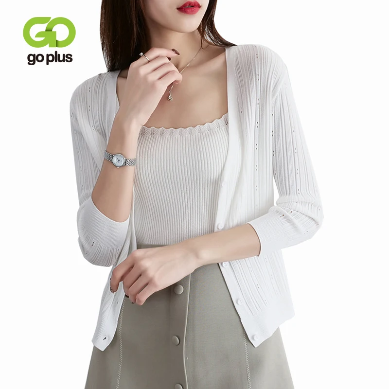 

GOPLUS Knitted Cardigan Women Summer Casula Pink V-Neck Three Quarter Thin Single Breasted Sweater Short Coat Female Cloth C8067