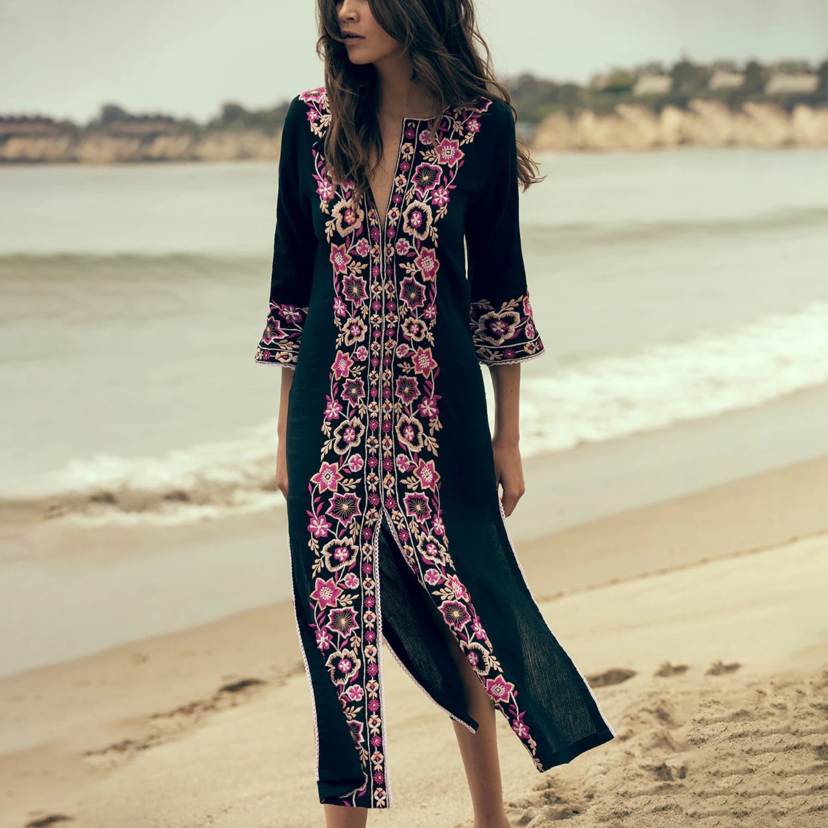 

Jastie Floral Embroidered Midi Dress Classic Tunic Kaftan Women Dresses Sexy Side Slits Summer Beach Dress Boho Chic Dresses