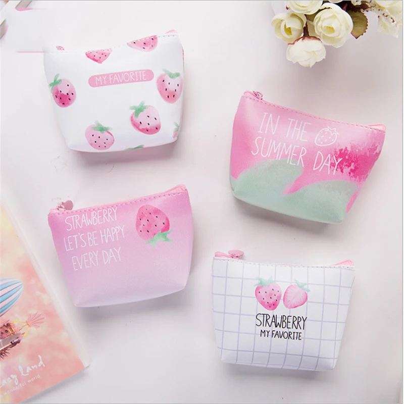 

Lovely Strawberry Fruit Pattern PU Coin Purses Zipper Zero Wallet Lady Coin Bag Key Packet 4 Colors