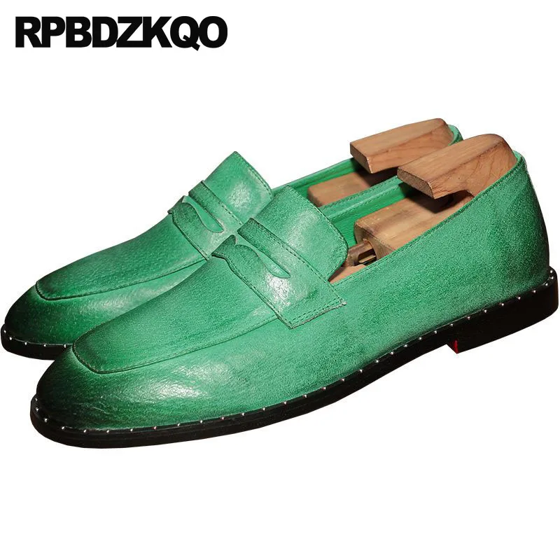 

green luxury deluxe handmade spring loafers fashion real leather rivet genuine british style stud shoes brand famous men slip on