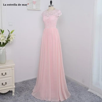 

Pink Sheer Cap Sleeves Bridesmaid Dresses A-line Chiffon And Lace Long Floor Length vestido madrinha For Weddings Guest Gowns