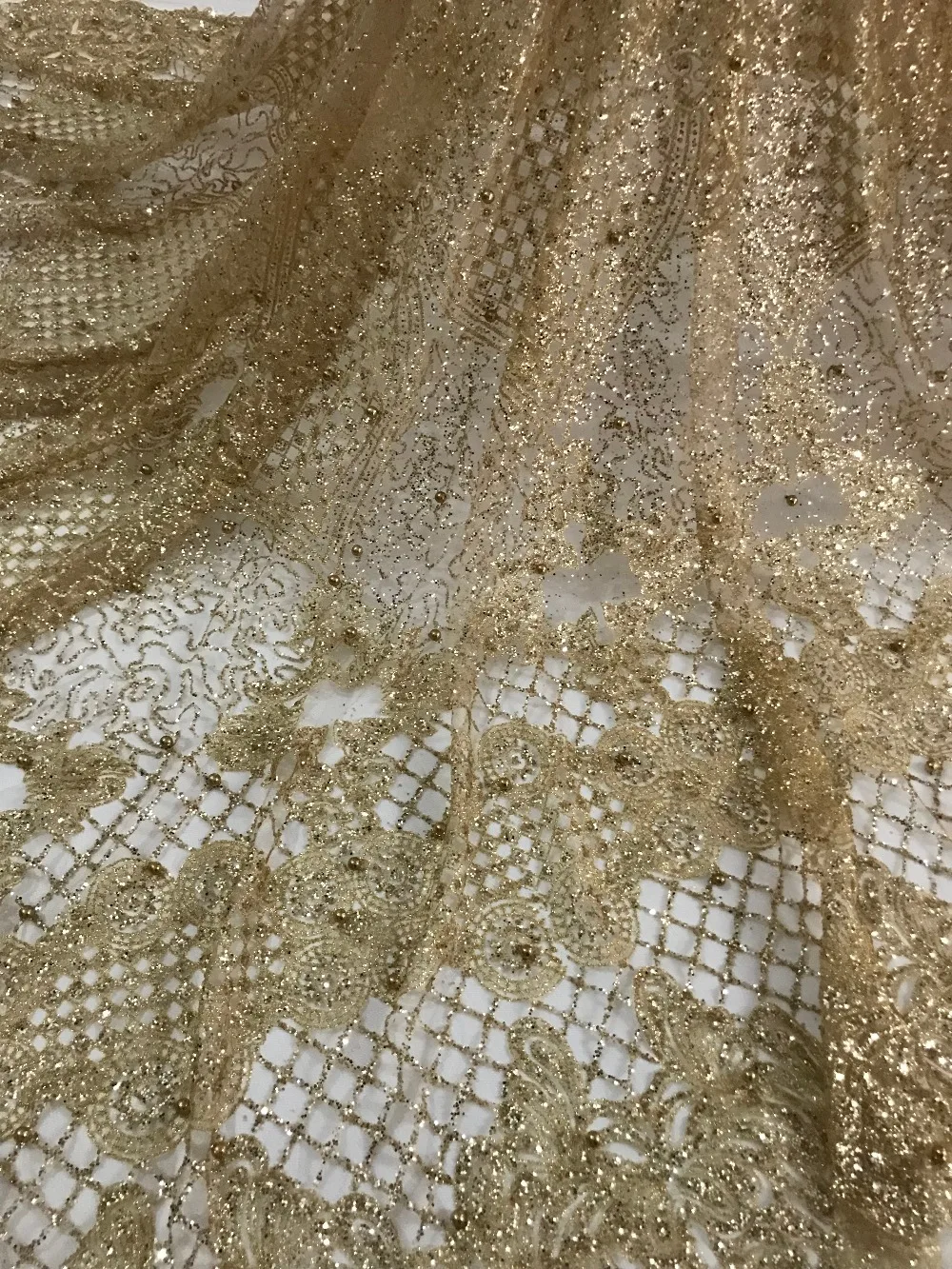 

Glued glitter lace fabric beautiful african french lace fabric L-62519 beaded African tulle lace fabric with glitter