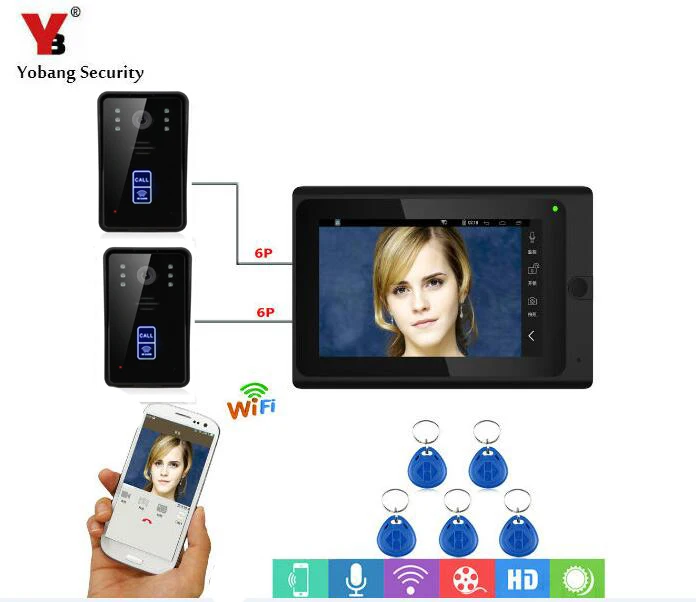 

Yobang Security Wifi 7 Inch Monitor RFID Wireless Android IOS APP Control Video Door Phone Doorbell 2 Camera 1 Monitor System