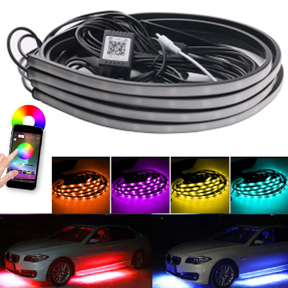 

YSY 4pcs Phone APP Car RGB LED Strip 5050 SMD RGB LED Strip Under Car Tube Underglow Underbody System Neon Light Kit