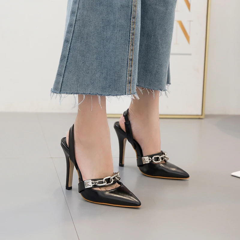 

Shoes Woman leather Pointed Toe Sandals metal chain Slip on High Heels Slides fashion hollow pump Summer zapatos mujer Black