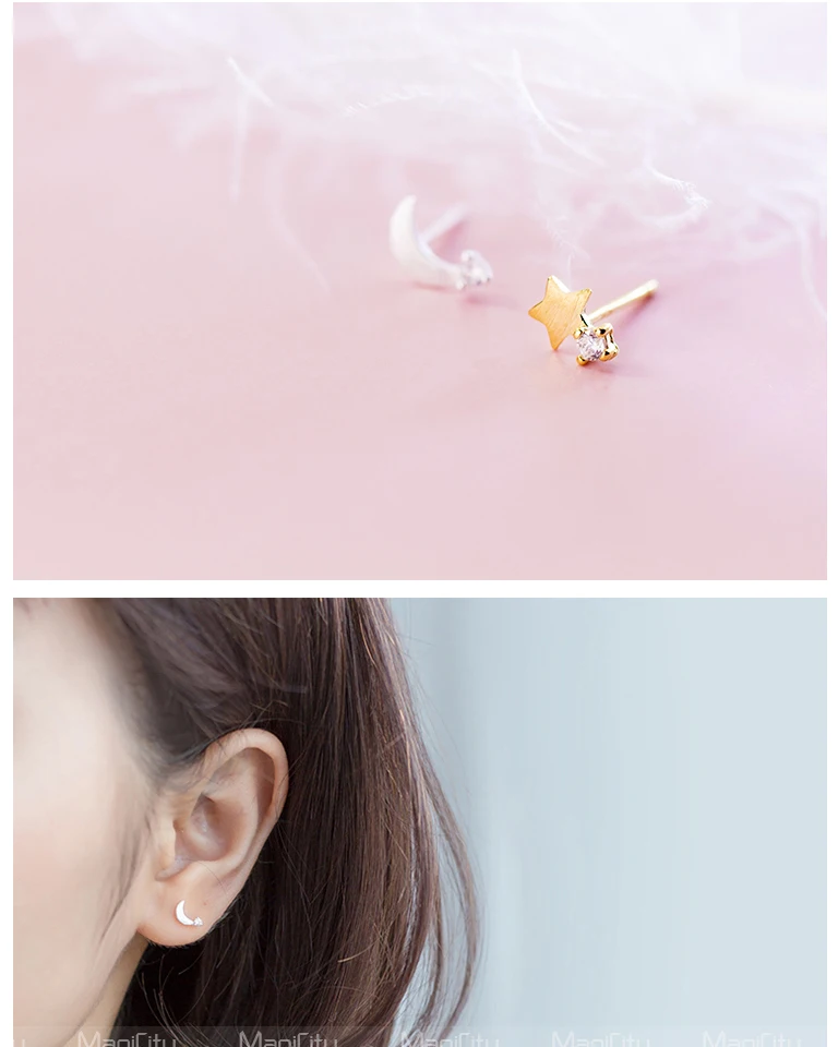 Asymmetrical Star Moon Minimalist Earrings Sterling Silver For Women Kids Korean Earrings Boucle D'oreille Enfant En Argent 925 (1)