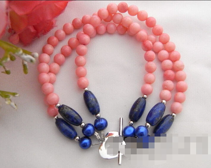 

free shipping 01508 Pearl&Coral&Lapis Bracelet
