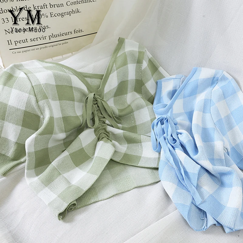 

YuooMuoo Summer Women Contrast Color Plaid Crop Top 2019 Chic V Neck Drawstring T Shirt Women Korean Style Short Vogue T Shirt