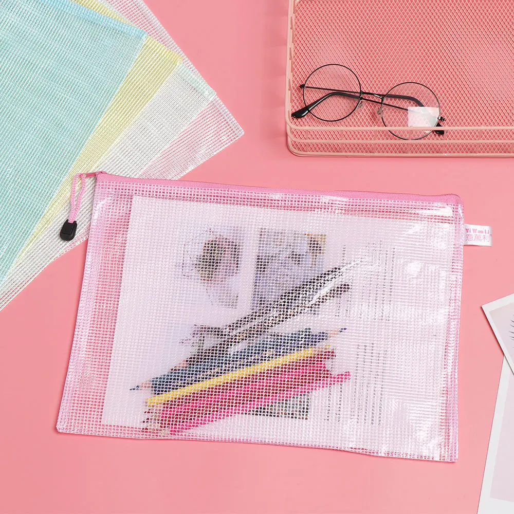

1 Pc Folder Mesh Document Bag Waterproof Plastic Grid Zipper Paper File Storage Pouch Office Supplies Family School Storage Bags