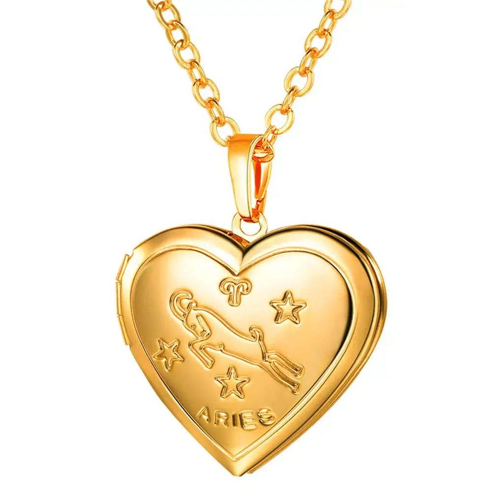 Ожерелье со скорпионом сердце кулон с фото ожерелье золото/серебро Цвет Зодиак Шарм память медальон ожерелье подарок для женщин P3214 - Окраска металла: Aries