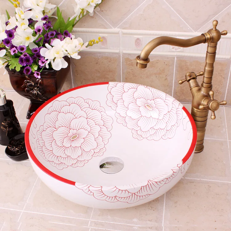 Europe Vintage Style flower shaped ceramics vanity basin Art Countertop sinks vanity wash basin (1)