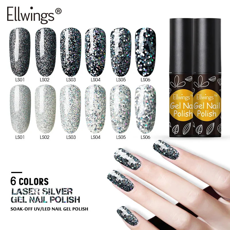 

Ellwings Holographic Gel Nail Varnish Silver Laser Sequins Effect Semi Permanent Soak Off Gel Nail Polish Nail Glitter