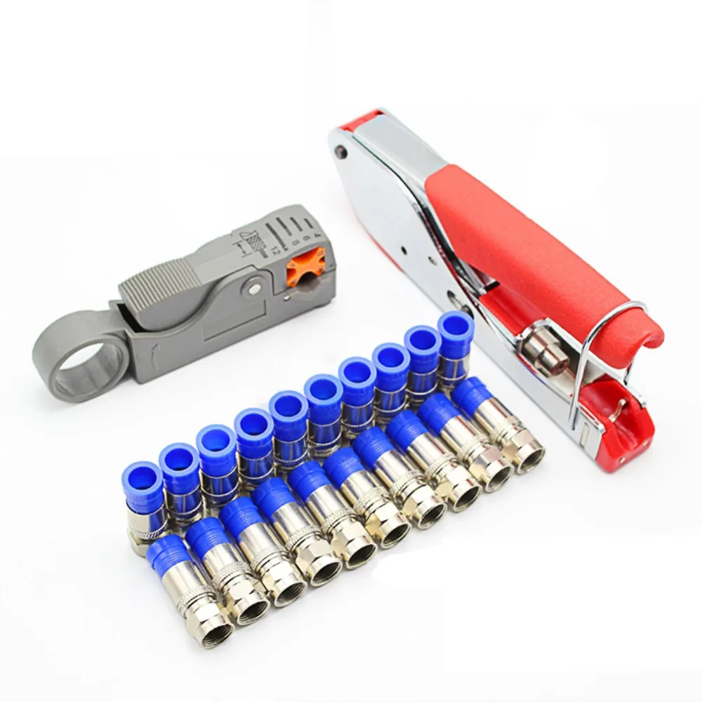 

Multitool Wire Stripping Squeezing Pliers Coaxial Cable Cold Press Clamp RG59 RG6 Cable TV Crimping Tool Set with 20 F Heads