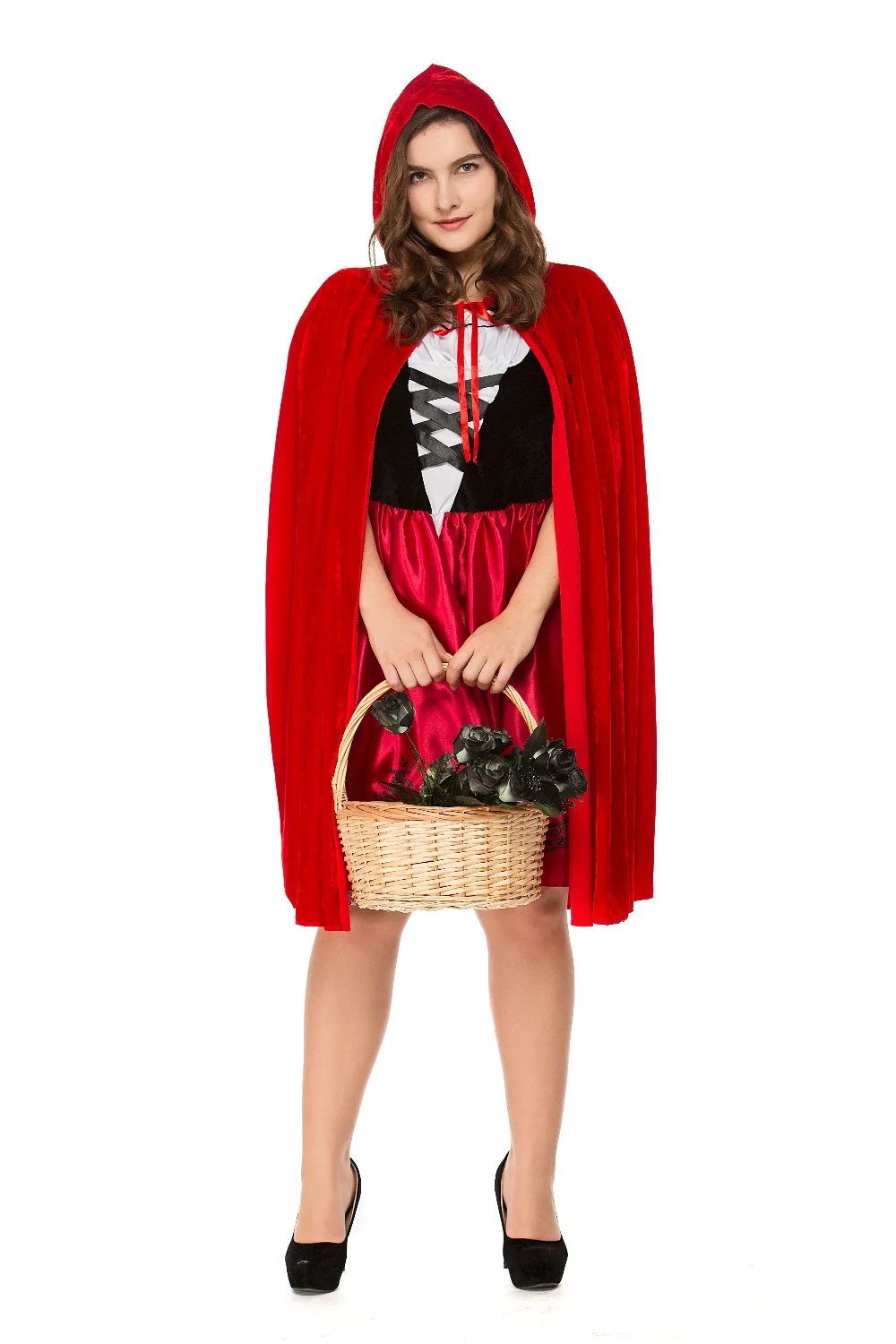 Plus Size Adult Women Halloween Costume Little Red Riding Hooded Robe Lady Embroidery Dress