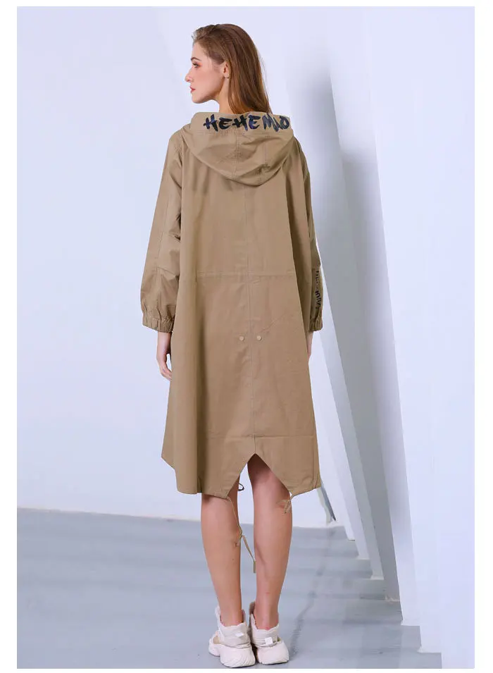 Femmes Veste Noir Col Imprimer Green kaki Lâche Irrégulière Décontracté Automne Poche Longue Personnalité Lettre army Zipper Capuche Printemps Dames Outwear Manteau 9HYeEWD2I