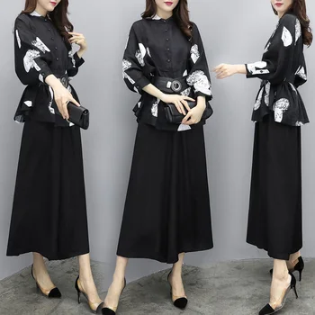 

Large Big Ize Wide Leg 2 Piece Set Women Autumn Black Top&pants Set Lantern Sleeve Sash Palazzo Pants Print Woman Suit Costume