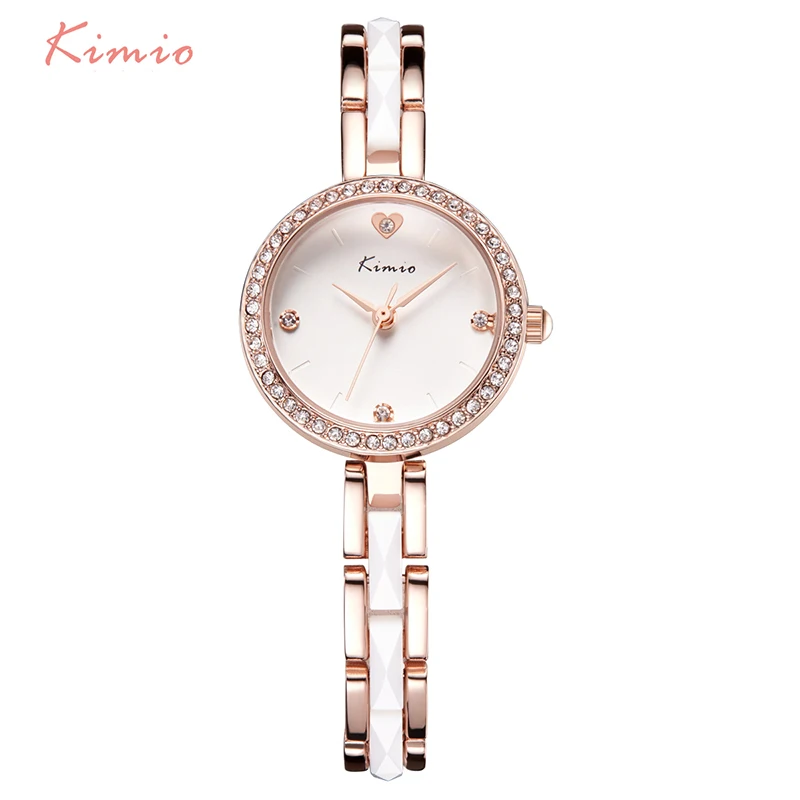 

KIMIO Women Watches Top Brand Stainless Steel Imitation Ceramic Strap Quartz Watch Love Heart Rhinestone Bracelet Watch Horloge