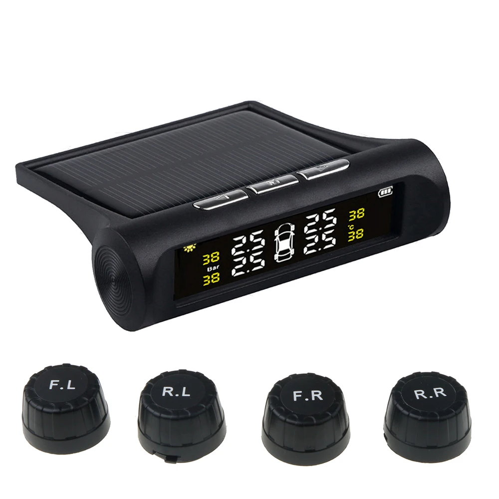 Universal 4 tyres car tire pressure monitoring systems external sensors auto wheel pressure gauge tester security alarm bar psi1