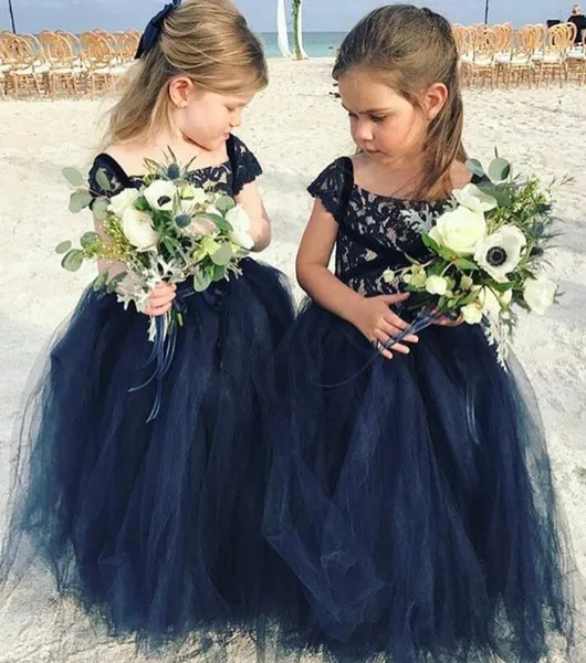 

2018 Flower Girl Dresses Navy Blue Lace Arabic Cheap Ball Gown Tulle Child Little Bride Vintage Little Girl Pageant Dresses