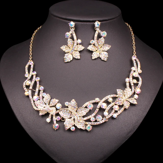 Shining White AB Rhinestone Necklace Earrings Flowers Jewelry Sets Gold