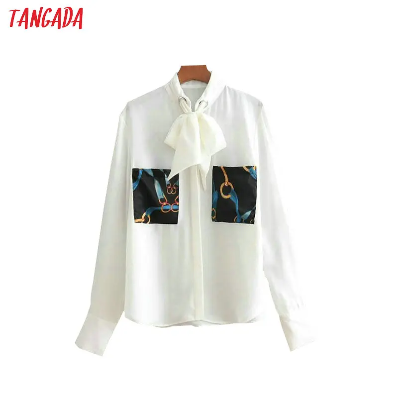 

Tangada women white blouse chains print pockets long sleeve lady shirts see through bow collar casual chic tops blusas BE238