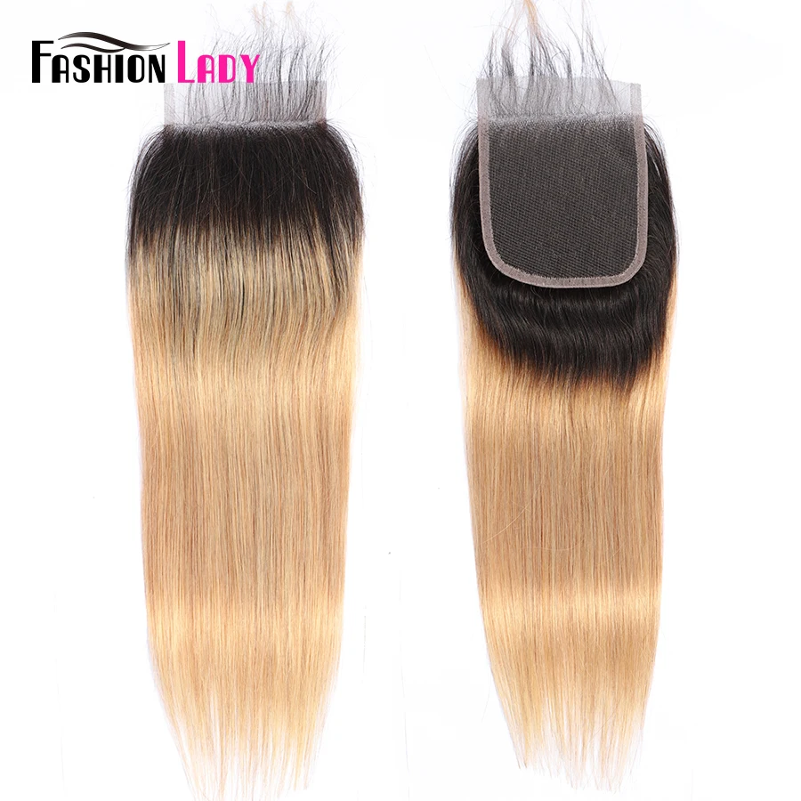 Fashion Lady Ombre Blonde Brazilian Hair 3 Bundles With Closure Pre-Colored 1B/27 Straight Weave Human Hair Bundles Non-Remy