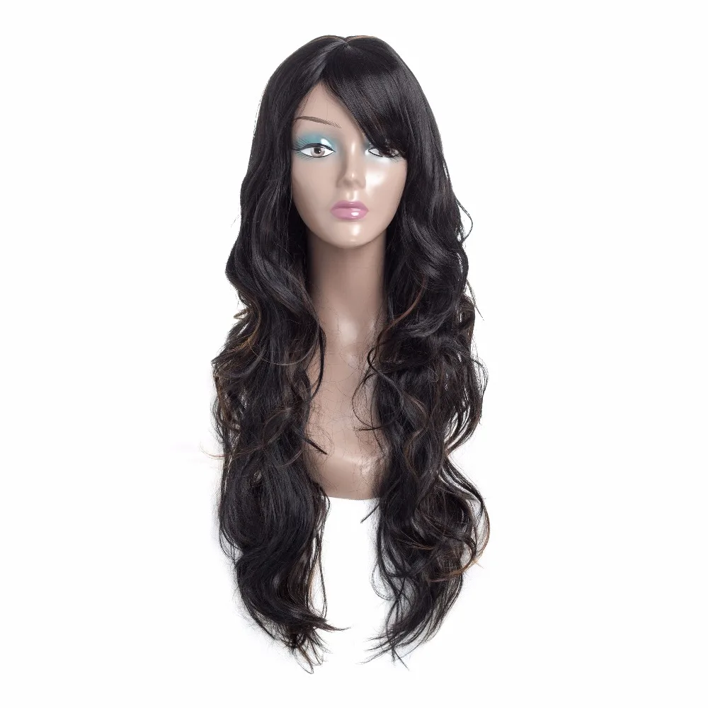Amir long Body Wave Black And Brown Heat Resistant Hair Pre Plucked Wigs With Bang Synthetic Hair Cosplay wig body-wave