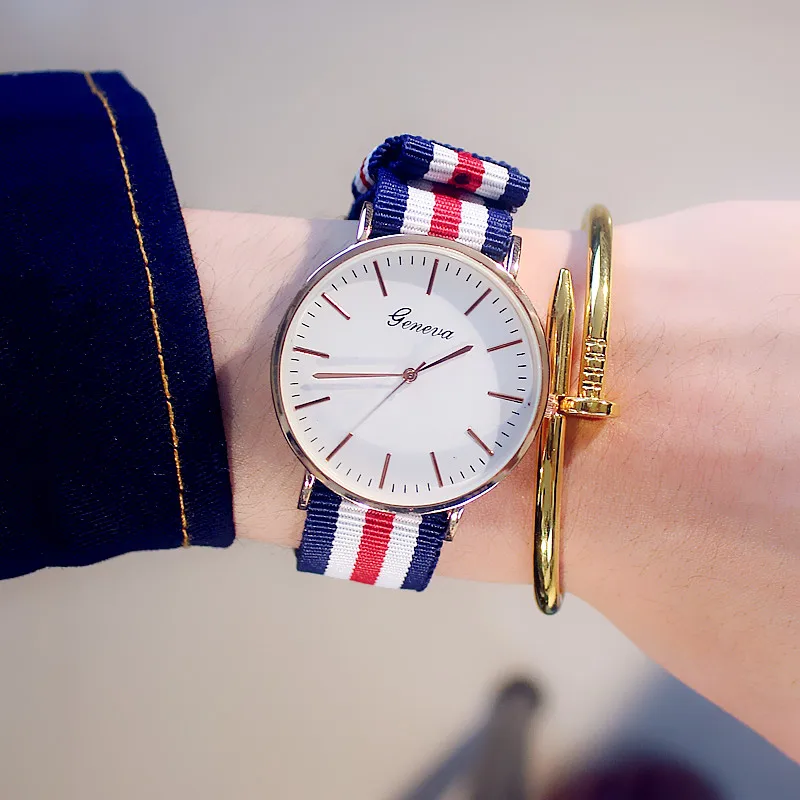 Hot Flag Nylon Strap font b Watch b font Women Simple style gold case quartz font