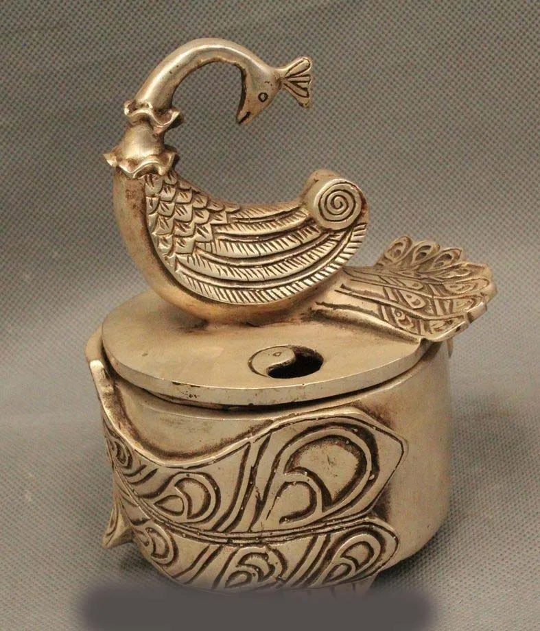 

5" Marked Chinese China Silver phoenix Statue Incense Burner Censer Statue