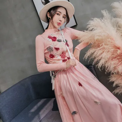 Высококачественное роскошное подиумное трикотажное платье для женщин, облегающее повседневное осенне-зимнее вязаное платье-свитер с длинным рукавом и вышивкой - Цвет: pink