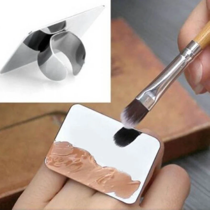 Mayitr 1pc Mini Finger Ring Color Palette Makeup Cream Foundation Nail Art Mixing Color Palette Stainless Steel Adjustable Plate