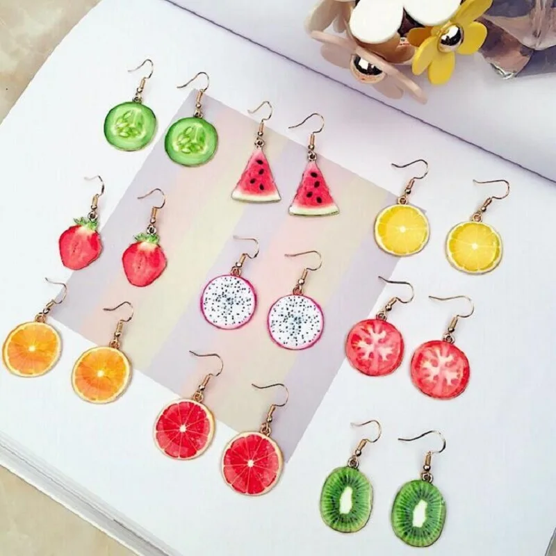 

XEDZ Creative Fashion Resin Pendants Earrings Watermelon Lemon Pineapple Apple Peaches Colored Fruit Earrings Women Jewelry Gift
