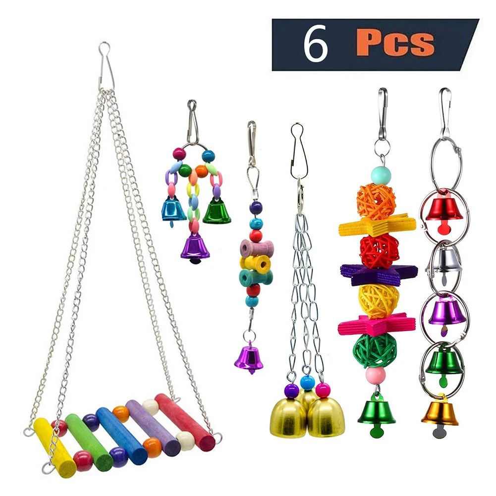 

6Pcs/Set Bird Parrot Toy Hanging Bell Pet Bird Cage Hammock Swing Toy Hanging Toys Parrot Parrot Macaw Parrot Love Bird Finch