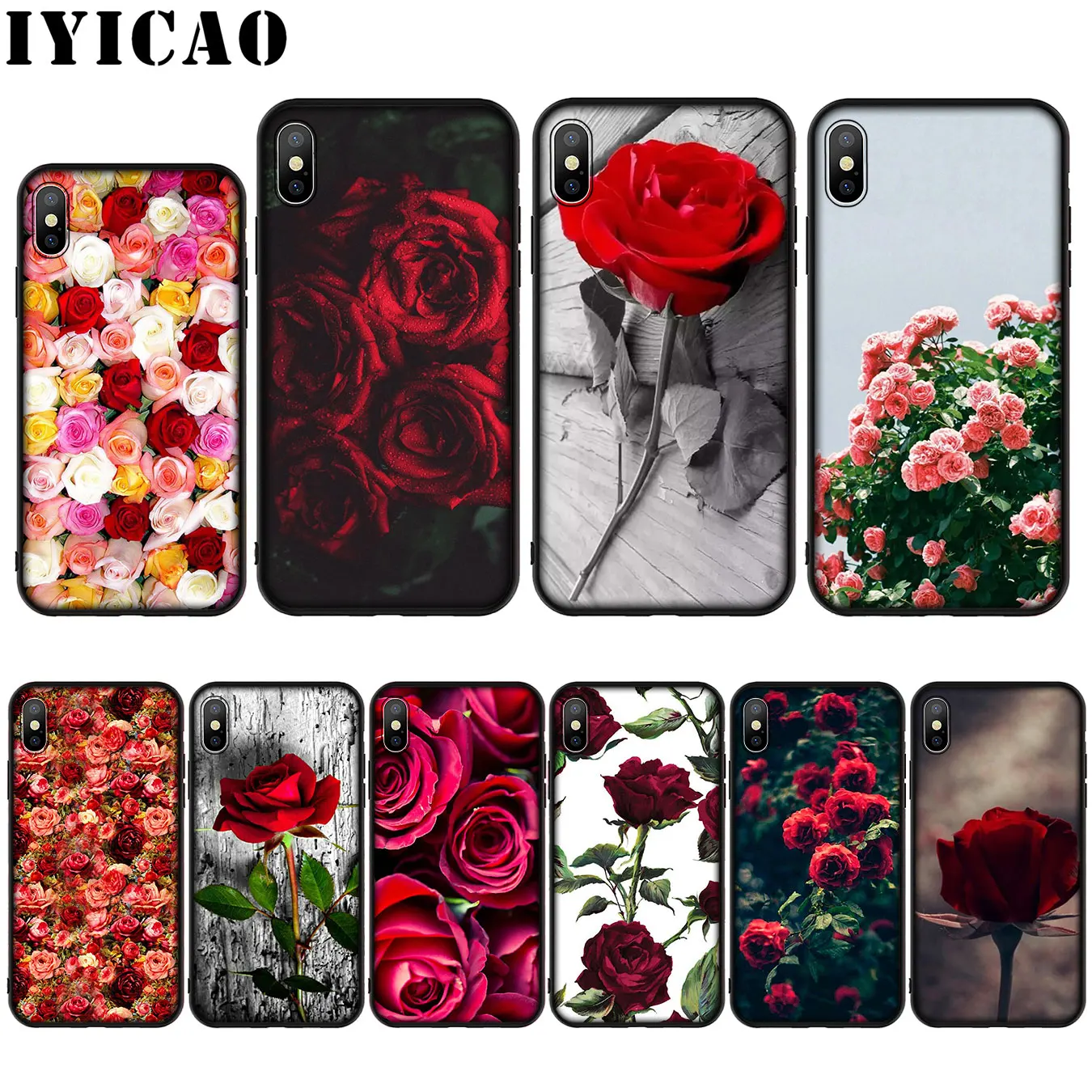 IYICAO Beautiful Garden Red Roses Flowers Silicone Soft Case for iPhone XR X XS Max 8 7 6 6S Plus 5 5S SE Cover |