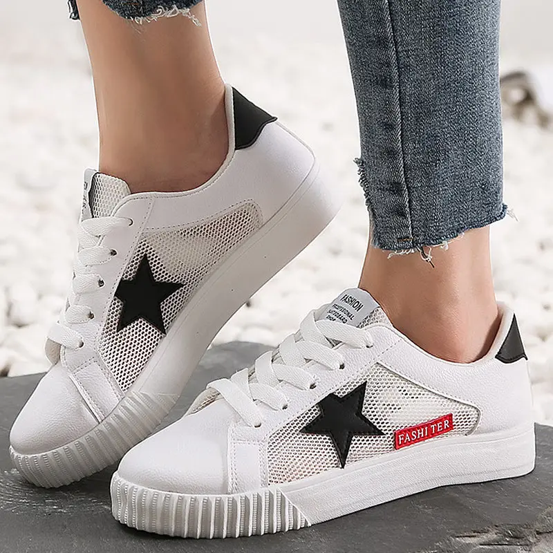 

Pink Canvas Sneakers Women Vulcanized Shoes Mesh Summer Star White Sneakers Trainers Women Casual Shoes Lace Up Zapatos Mujer