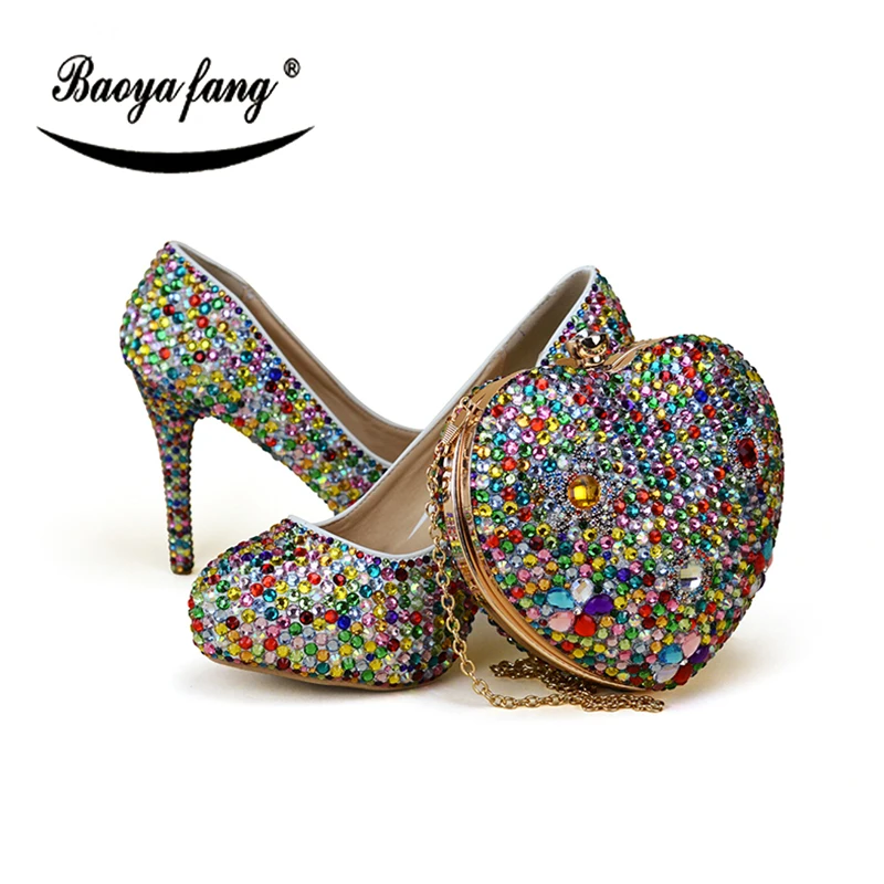 

BaoYaFang Multicolored Womens wedding shoes with matching bags Luxury crystal shoe and purse sets ladies party dress shoes
