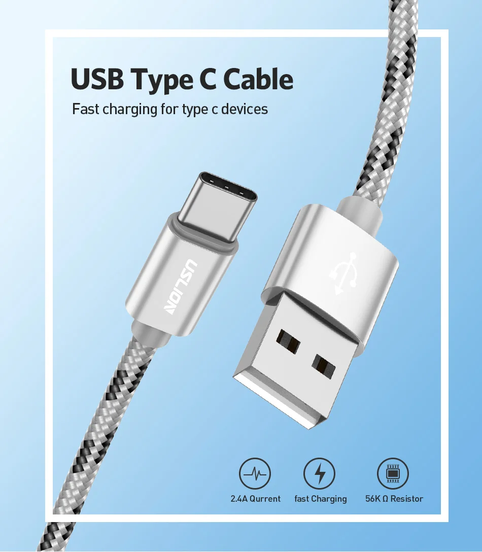 USLION usb type C кабель для быстрой зарядки USB C type-C телефонный кабель для samsung Galaxy S9 S8 xiaomi mi 8 5S с нейлоновой оплеткой для синхронизации данных