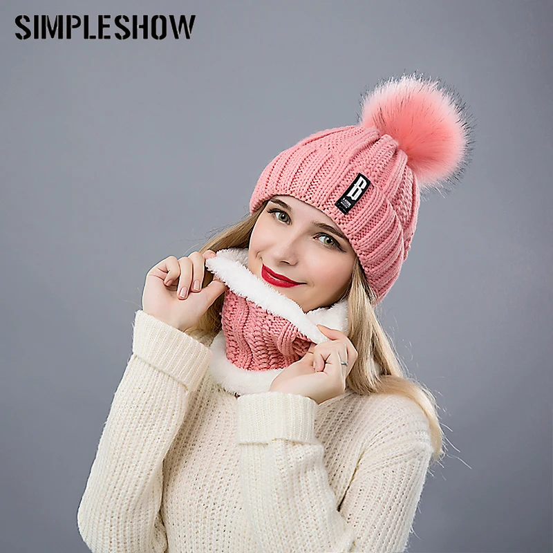 

SIMPLESHOW 2018 New Winter Warm Hat Scarf Women Thick Hats Pompoms Scarves 2 Pieces Unisex Scarf&Hat Wholesale
