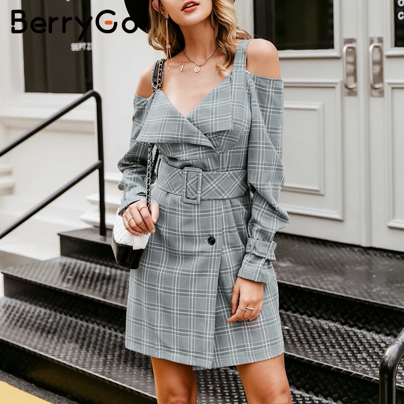 

BerryGo V-neck sash belt plaid dress women Spaghetti straps button office ladies dresses Autumn winter female short party dress