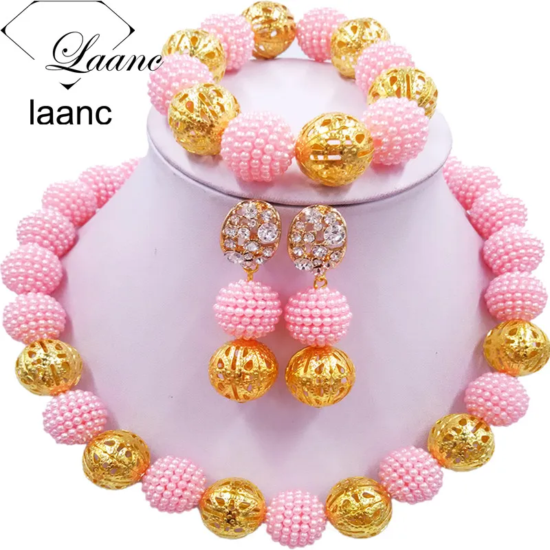 Laanc чёрный искусственный жемчуг бусины Африканский ювелирный набор нигерийские Свадебные Z6JQ018 ожерелье наборы браслет серьги для женщин - Окраска металла: Pink