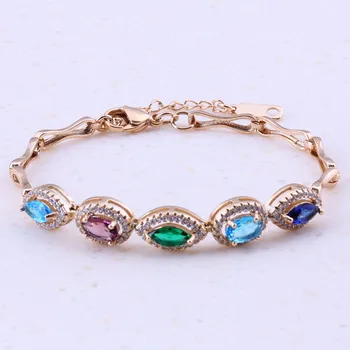 

Brilliant Multicolor Crystal Stone Yellow Gold Color Charm Bracelets Women Wedding Party Trend Jewelry Free Gift Box B0017