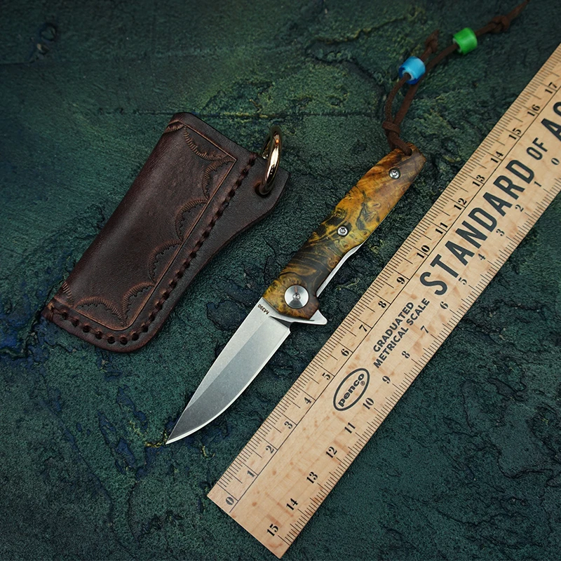 

TUREN-M390 Steel Folding Knives Camping survival Pocket Knife EDC Razor Stabilized Wood Handle Fruit Knives With Leather Sheath